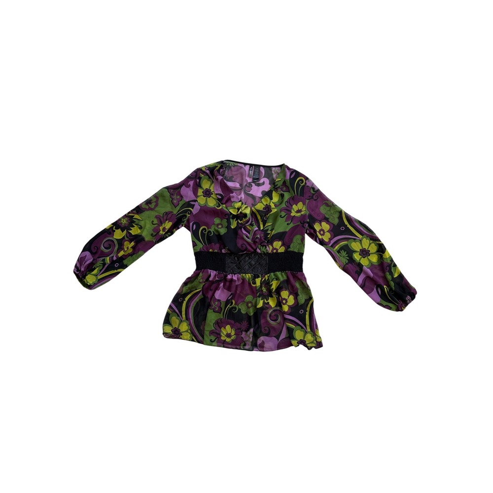 Bisou Bisou Floral Blouse Womens Large Purple Green Peplum Excellent Long Sleeve
